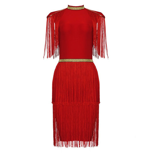 Women's Round Neck Fringed Belt Red Casual Dress